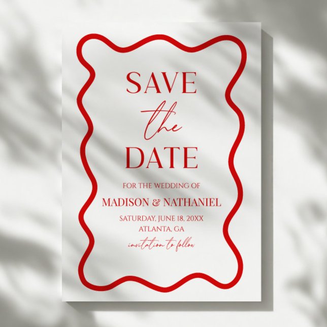Save The Date Mariage Élégant à Bordure Ondulée Rouge Blanc (Créateur téléchargé)