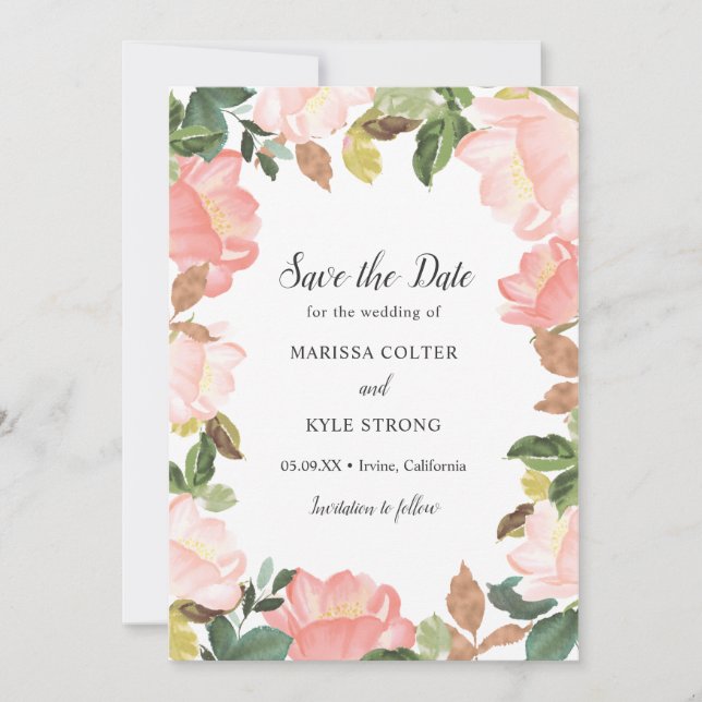 Save The Date Mariage élégant à fleurs rose pâle (Devant)