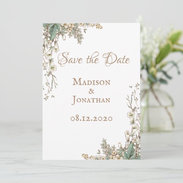 Save The Date Mariage élégant à la calligraphie florale verdoyan (Debout devant)