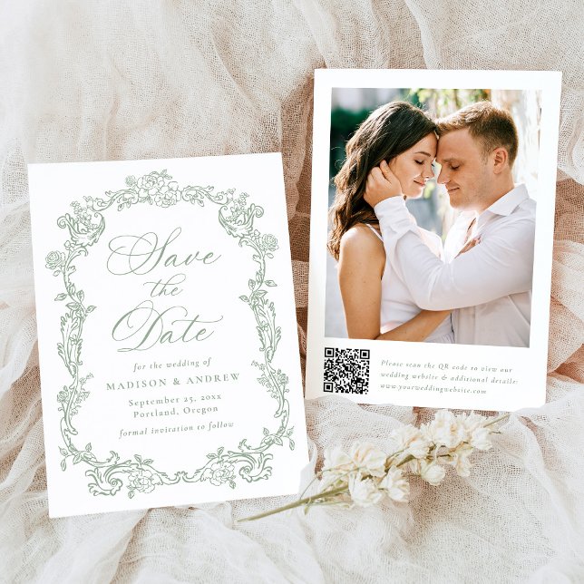 Save The Date Mariage élégant à la sauge victorien code QR flora (Créateur téléchargé)