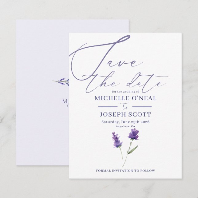 Save The Date Mariage élégant à l'aquarelle Lavande Bliss (Devant / Derrière)
