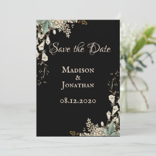 Save The Date Mariage élégant à motif floral noir et écriture