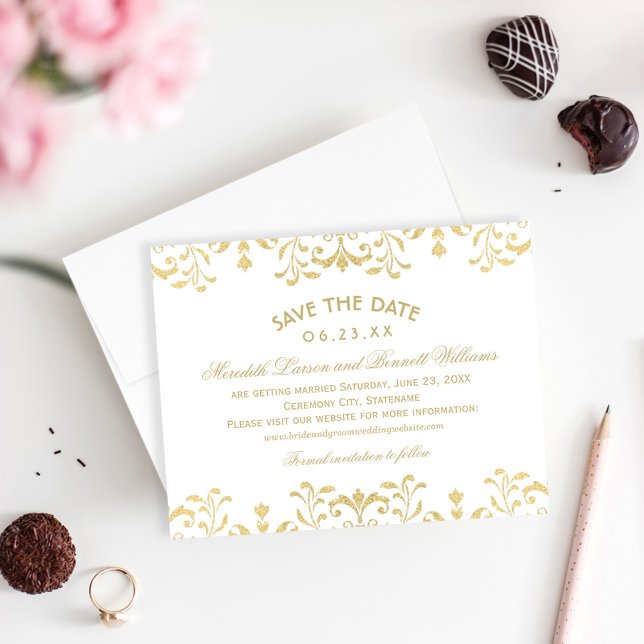 Save The Date Mariage élégant à paillettes dorées Damask (Créateur téléchargé)