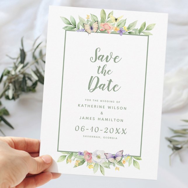 Save The Date Mariage Élégant Aquarelle Floral Papillon Vert (Elegant Wedding Watercolor Floral Butterfly Green Save The Date)