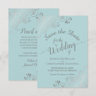 Save The Date Mariage Élégant Argent Boucles et Volutes Menthe T