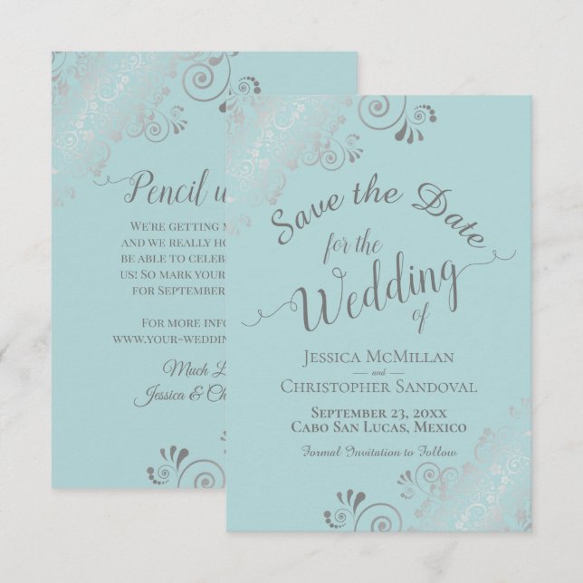 Save The Date Mariage Élégant Argent Boucles et Volutes Menthe T (Devant / Derrière)