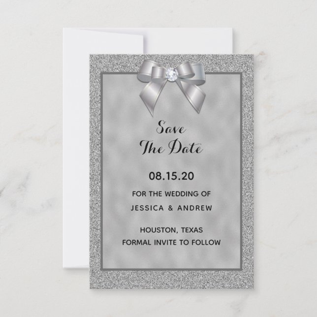 Save The Date Mariage Élégant Argent et Paillettes de Style (Devant)