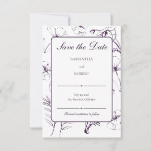 Save The Date Mariage Élégant Art Linéaire Fleur Pourpre Prune