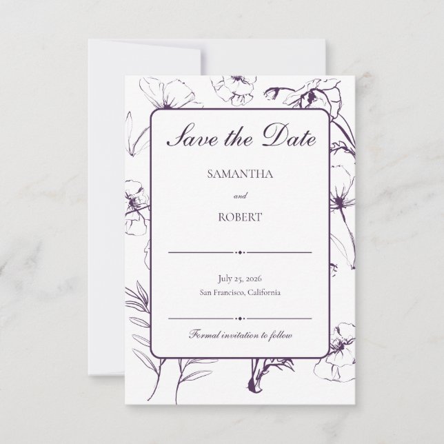 Save The Date Mariage Élégant Art Linéaire Fleur Pourpre Prune (Devant)