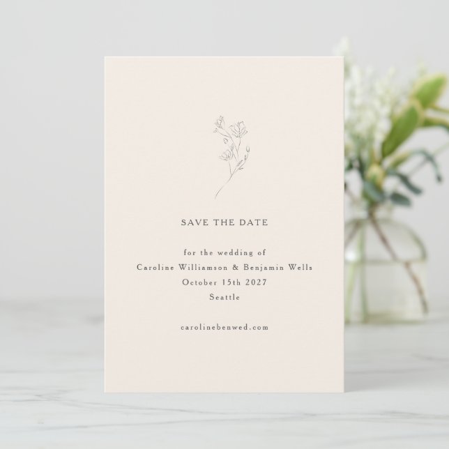 Save The Date Mariage Élégant Art Linéaire Floral Écru Minimalis (Debout devant)