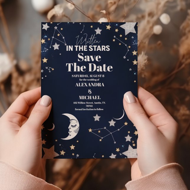 Save The Date Mariage Élégant au Croissant de Lune Céleste (Créateur téléchargé)