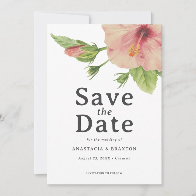 Save The Date Mariage Élégant au Hibiscus Tropical (Devant)
