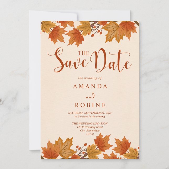 Save The Date Mariage Élégant aux Feuilles d'Érable d'Automne (Devant)