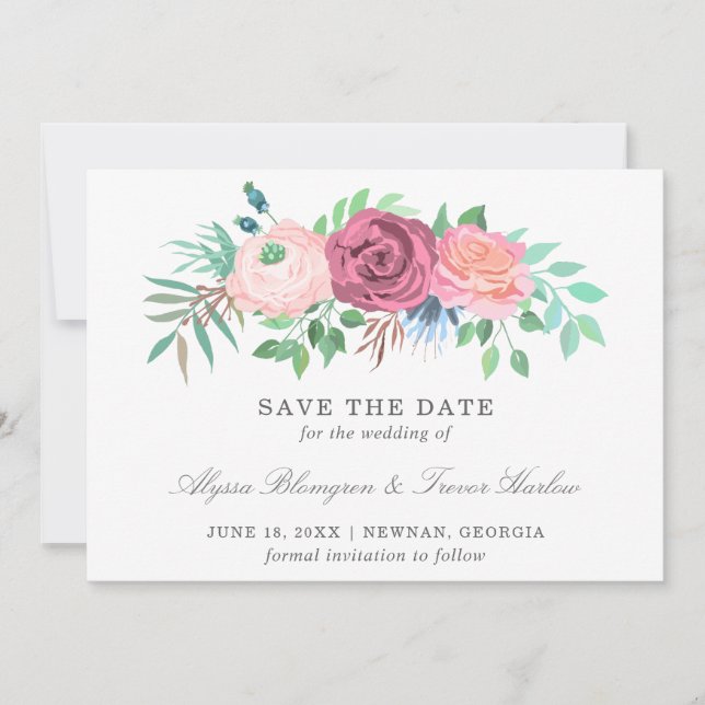 Save The Date Mariage Élégant aux Fleurs Roses (Devant)