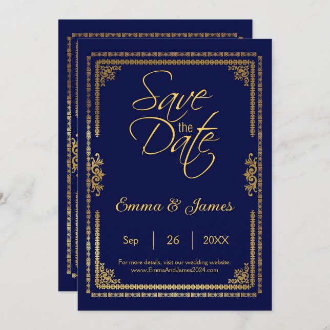 Save The Date Mariage élégant avec cadre bleu marine et or (Devant / Derrière)