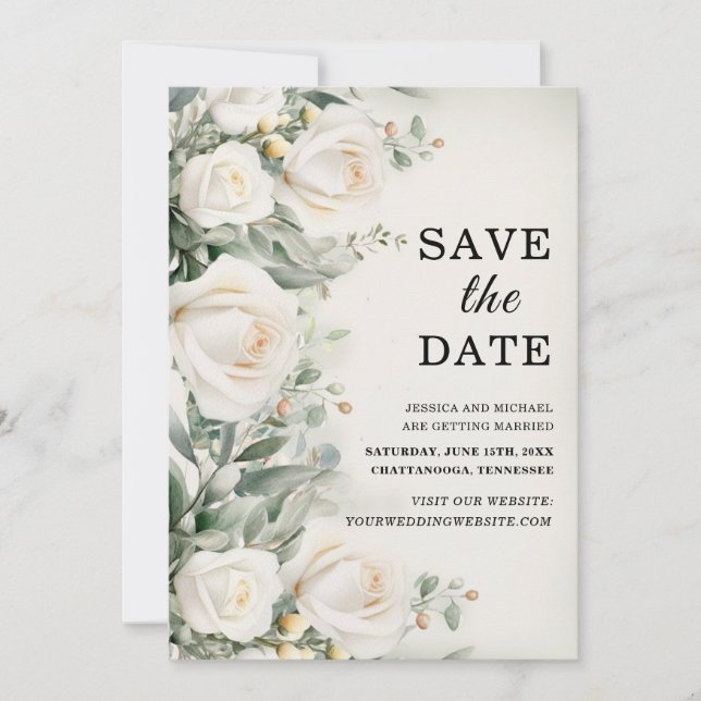 Save The Date Mariage élégant avec des roses blanches et de la v (Devant)