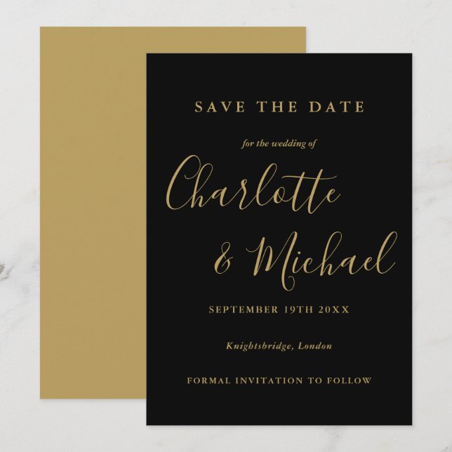 Save The Date Mariage élégant avec écriture noire et or (Devant / Derrière)