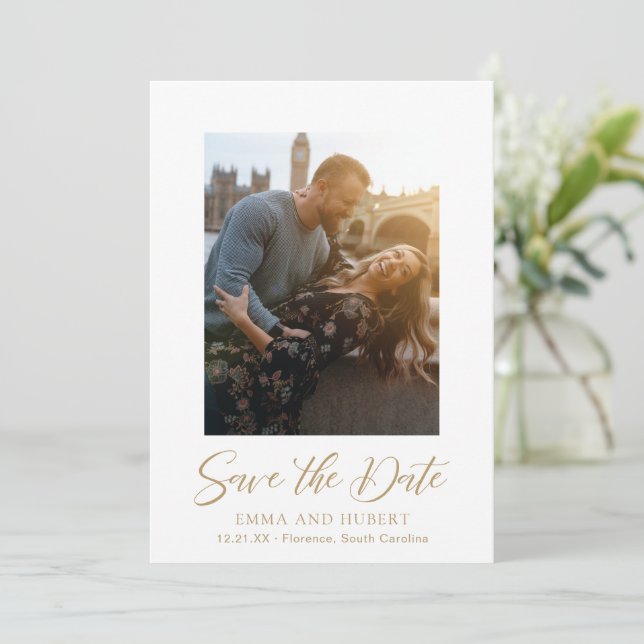 Save The Date Mariage élégant avec photo classique Gold (Debout devant)