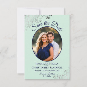 Save The Date Mariage élégant avec photo ovale argentée et marin