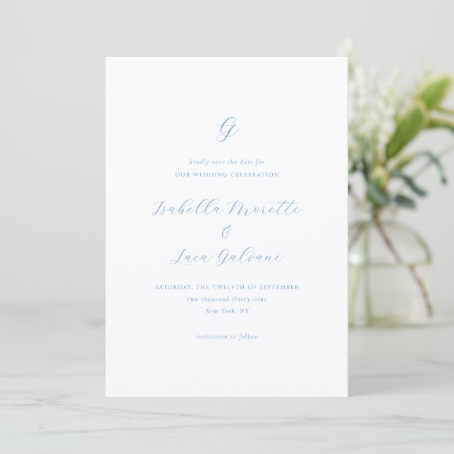 Save The Date Mariage élégant bleu et blanc de style côtier chic (Debout devant)