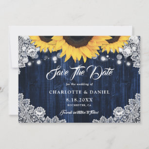 Save The Date Mariage élégant bleu marine Bois Dentelle Soleil
