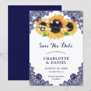 Save The Date Mariage élégant bleu marine floral dentelle tourne
