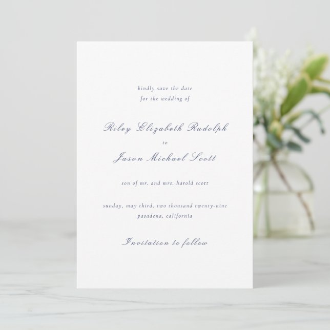 Save The Date Mariage Élégant Bleu Marine Propre (Debout devant)