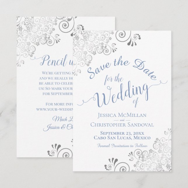 Save The Date Mariage Élégant Bleu Pervenche Blanc Dentelle Arge (Devant / Derrière)