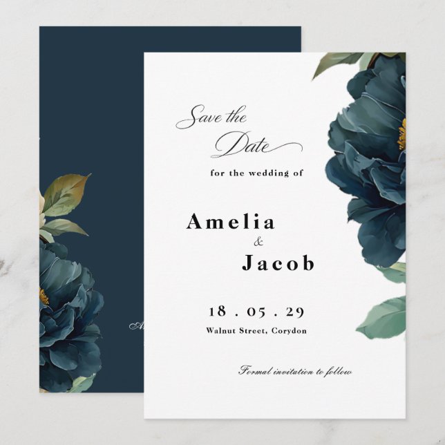 Save The Date Mariage élégant botanique bleu marine (Devant / Derrière)