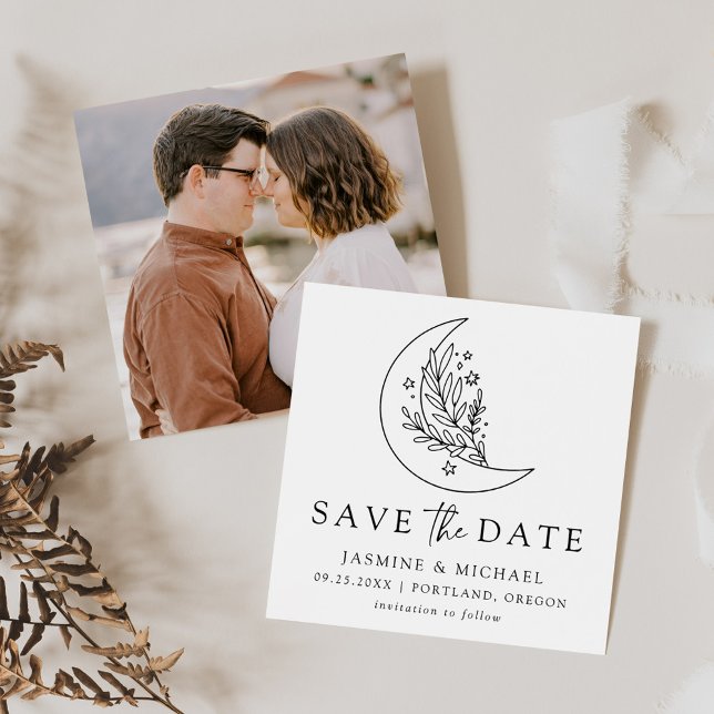 Save The Date Mariage Élégant Botanique Lune et Étoiles (Créateur téléchargé)