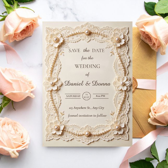 Save The Date Mariage Élégant Broderie de Perles de Luxe (Créateur téléchargé)