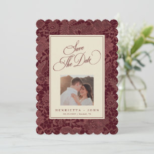Save The Date Mariage Élégant Burgundy Lace 2 Photo à Découpe