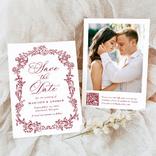 Save The Date Mariage élégant Burgundy victorien à code QR flora