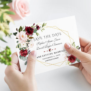 Save The Date Mariage Élégant Cadre Doré Floral Rouge Bourgogne