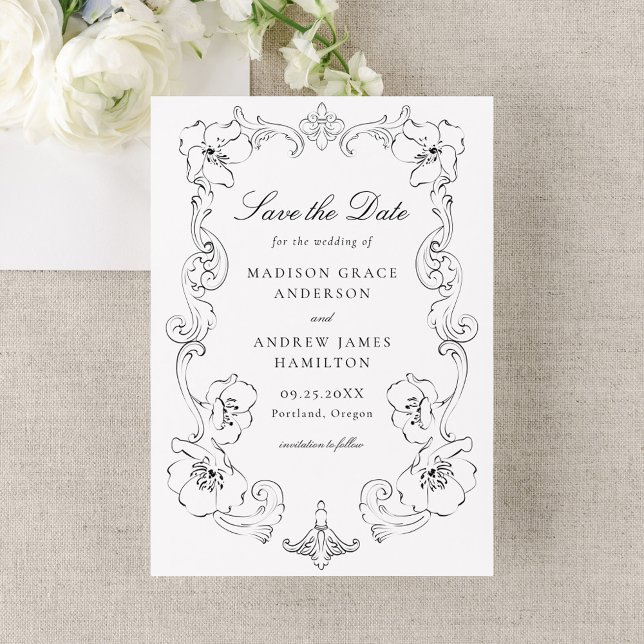 Save The Date Mariage Élégant Cadre Floral Orné Noir (Créateur téléchargé)
