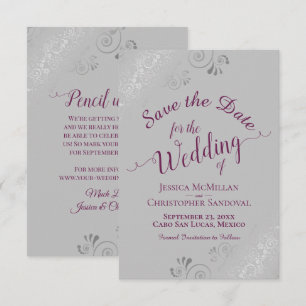 Save The Date Mariage Élégant Cassis Violet sur Gris Dentelle Ar