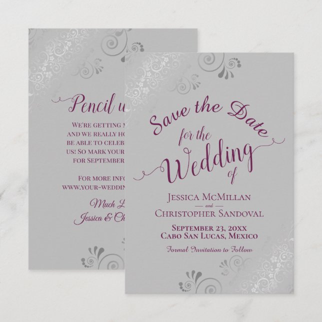 Save The Date Mariage Élégant Cassis Violet sur Gris Dentelle Ar (Devant / Derrière)