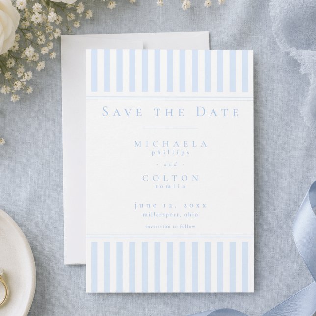 Save The Date Mariage élégant classique à rayures bleues (Elegant Classic Blue Stripe Wedding Save The Date)