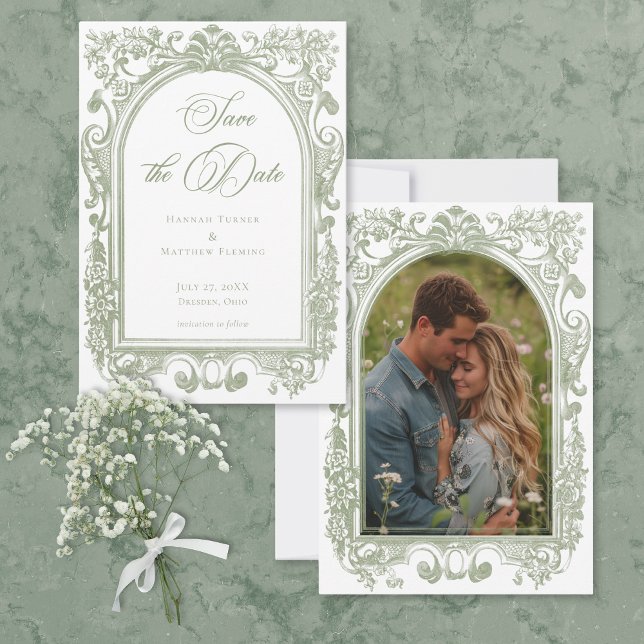 Save The Date Mariage Élégant Classique avec Cadre en Arche de S (Classic Elegant Sage Arch Frame Photo Wedding Save The Date)