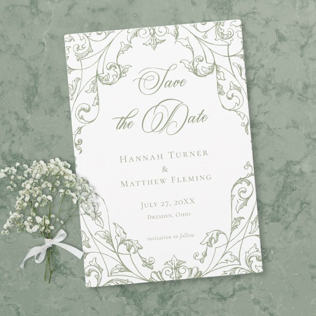 Save The Date Mariage Élégant Classique avec Cadre Floral Vert S (Classic Elegant Sage Green Floral Frame Wedding Save The Date)