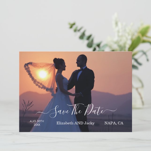 Save The Date Mariage Élégant Classique Calligraphié Noir et Bla (Debout devant)
