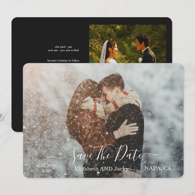 Save The Date Mariage Élégant Classique Calligraphie Noir et Bla (Devant / Derrière)