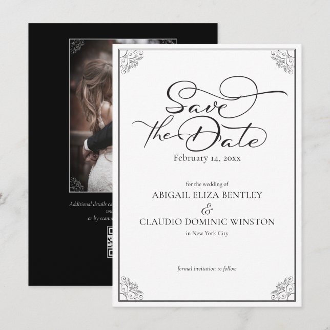 Save The Date Mariage élégant classique calligraphié noir et bla (Devant / Derrière)
