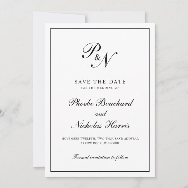 Save The Date Mariage élégant classique noir et blanc (Devant)