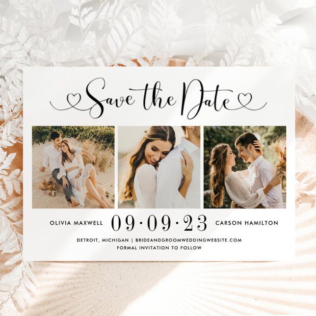 Save The Date Mariage Élégant Collage Photo Cœur Script Noir (Créateur téléchargé)