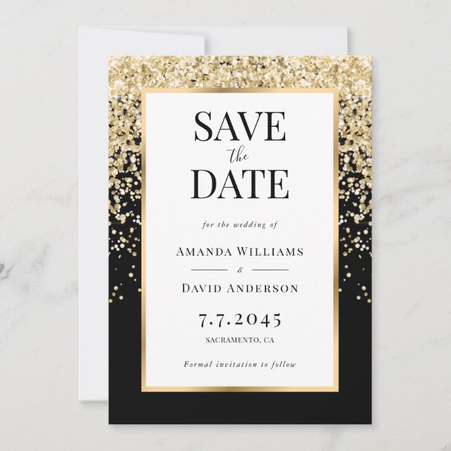 Save The Date Mariage Élégant Confettis Noir et Or (Devant)