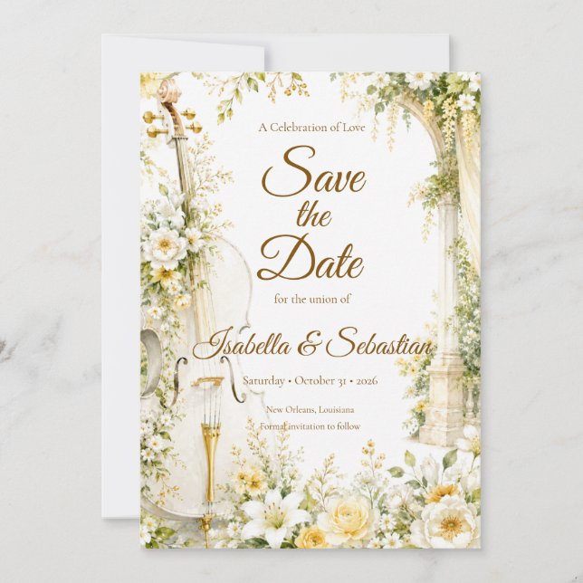 Save The Date Mariage élégant dans un jardin musical (Devant)
