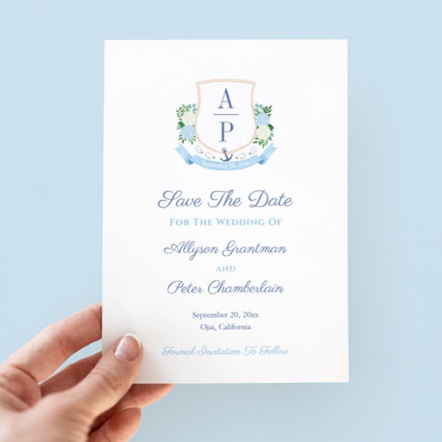 Save The Date Mariage élégant de monogramme côtier (Elegant coastal theme save the date with hand painted watercolor couples monogram)
