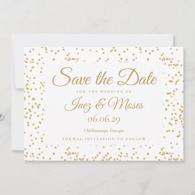 Save The Date Mariage élégant écriture chic poussière d'or Confe (Devant)