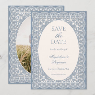 Save The Date Mariage élégant en dentelle ivoire bleu poussiéreu